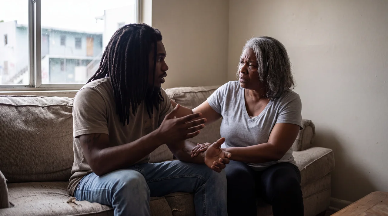 A young man talking with his mother at home