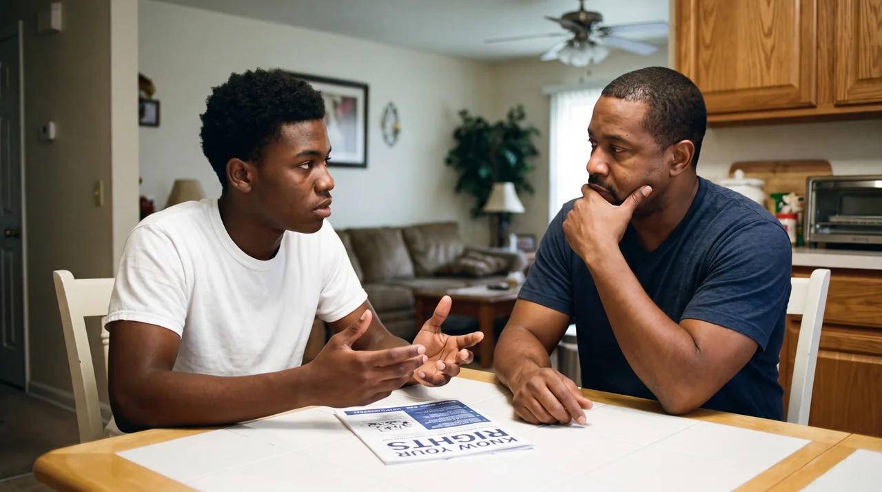 A father and son at the kitchen table with a know your rights guide