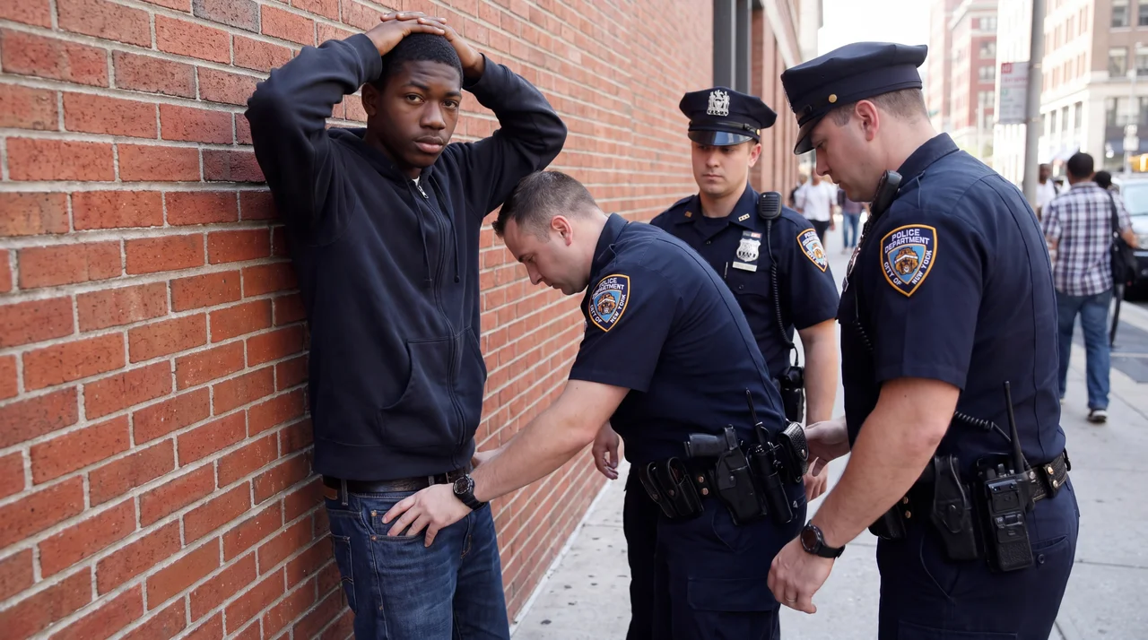 A young man searched against a wall